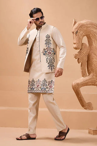 Tendy Beige Wedding Special Koti Kurta Set for Mens Wear Clothsvilla