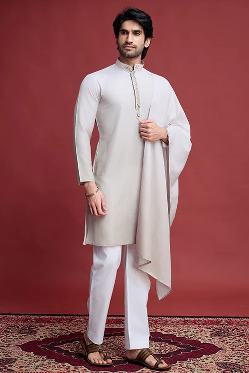 Designer Beige Kurta Set for Men with Mirror Work Clothsvilla