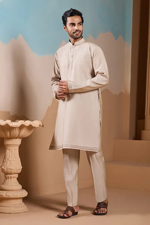 Elegant Fashionable Beige Koti Kurta Set for Mens Wear Clothsvilla