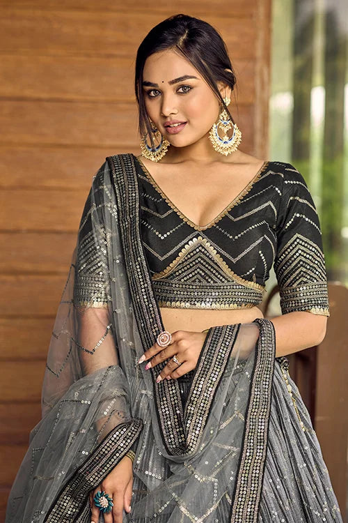 Black Thread Embroidery Lehenga Choli with Dupatta Clothsvilla