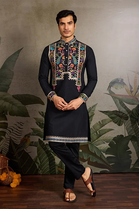 Designer Black Embroidered Mens Kurta for Wedding Clothsvilla Main image