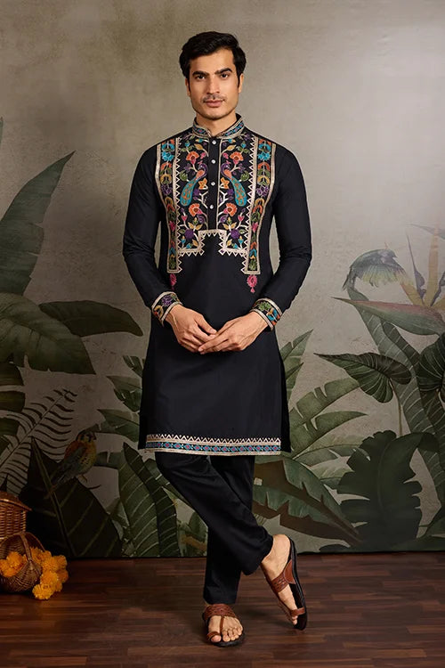 Designer Black Embroidered Mens Kurta for Wedding Clothsvilla