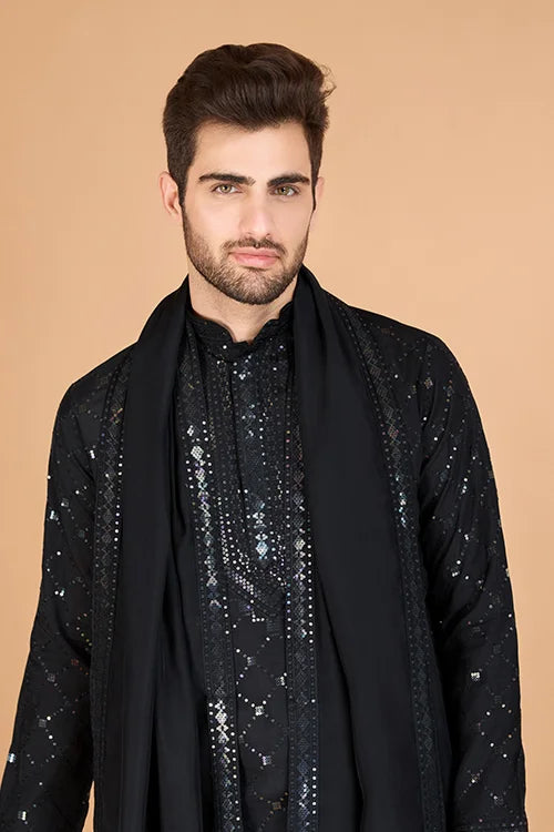 Black Color Kurta with Dupatta for Mens Wear Clothsvilla