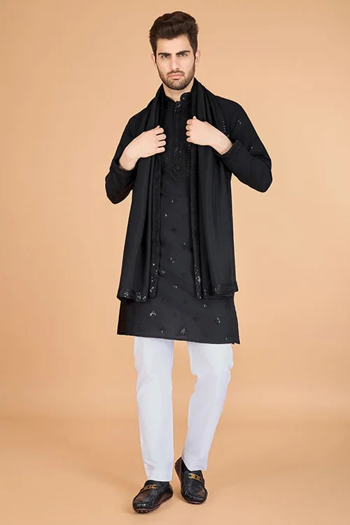 Stylish Black Kurta for Men with Thread Work Design Clothsvilla