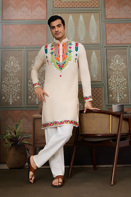 Cream Embroidered Festival Wear Kurta for Men Clothsvilla