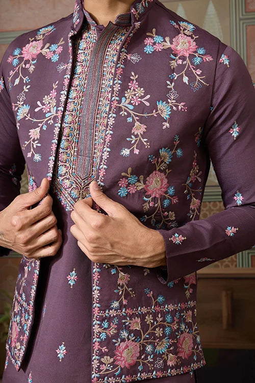 Dusty Purple Wedding Kurta with Matching Koti Set for men Clothsvilla