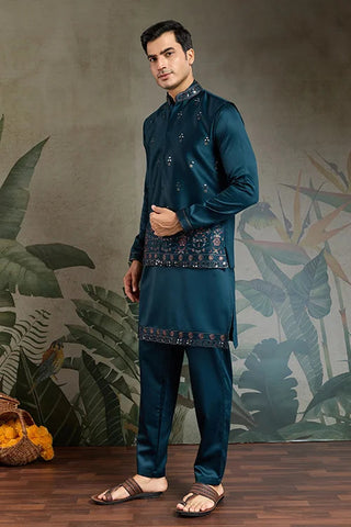 Teal Blue Embroidered Kurta Koti Set for Men Clothsvilla