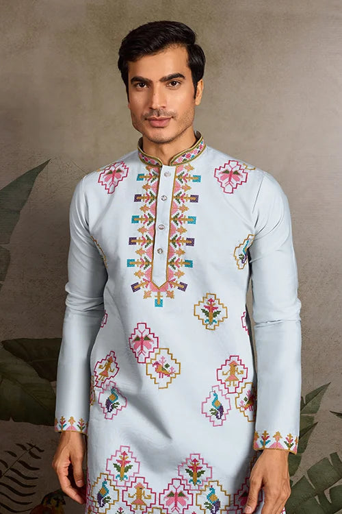 Elegant Look Indian Festive Sky Blue Kurta for Men Clothsvilla
