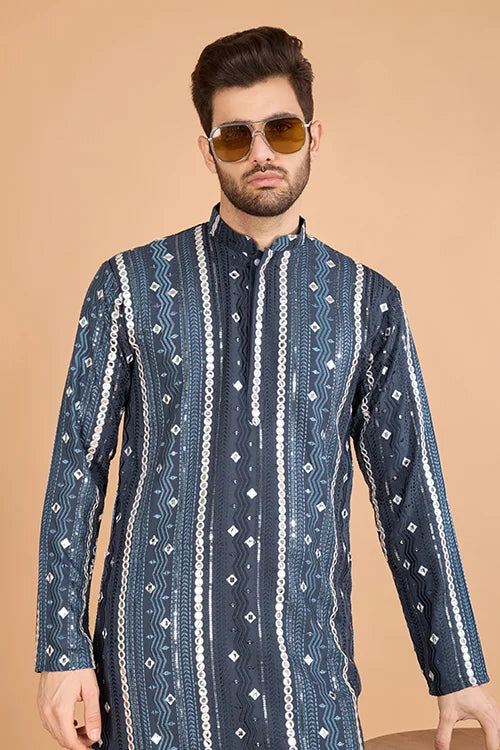 Grey Sequence with Mirror Foil Embroidered Mens Wear Kurta Clothsvilla
