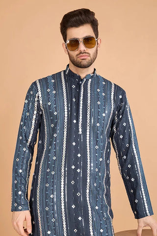 Grey Sequence with Mirror Foil Embroidered Mens Wear Kurta Clothsvilla