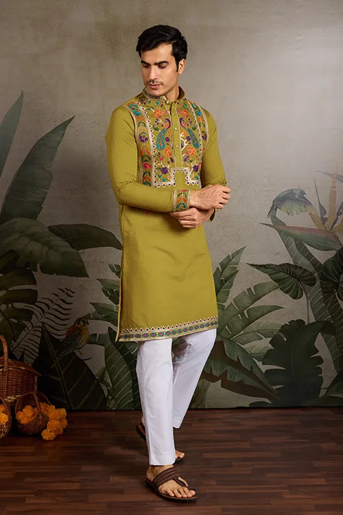 Festive Wear Flourescent Green Embroidered Kurta for Men Clothsvilla