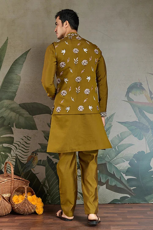 Golden Olive Open Koti Style Kurta Pajama Set for Men Clothsvilla