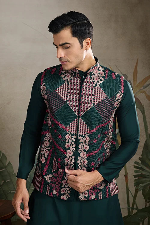 Indian ethnic wear Designer Green Kurta Koti Jacket Clothsvilla