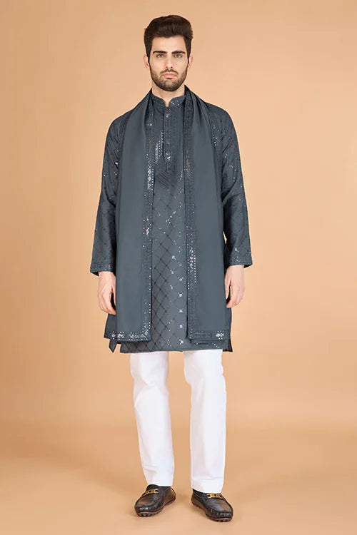 Designer Grey Sequence Embroidered Gents Kurta Clothsvilla