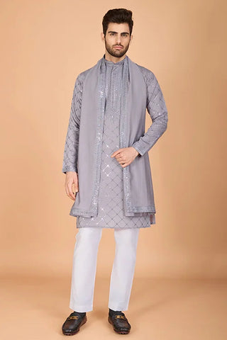 Designer Grey Viscose Silk Men's Kurta – Elegant Wedding Attire Clothsvilla