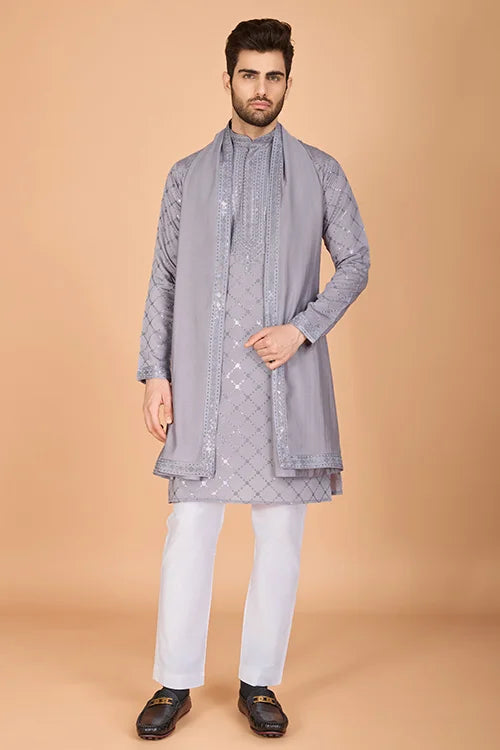 Designer Grey Viscose Silk Men's Kurta – Elegant Wedding Attire Clothsvilla