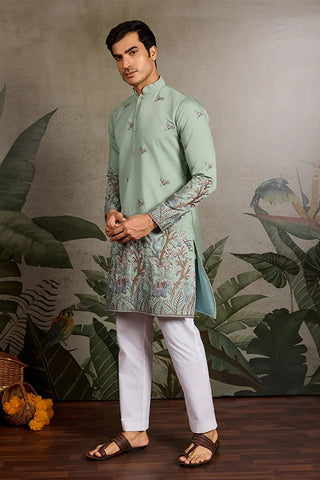 Embroidered Pista Green Wedding Kurta for Mens Clothsvilla
