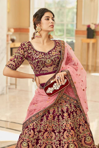 Designer Maroon Velvet Lehenga with Net Dupatta Clothsvilla