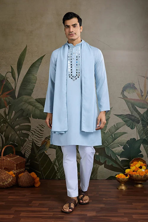 Sky Blue Designer Men's Kurta with Real Mirror Work Clothsvilla