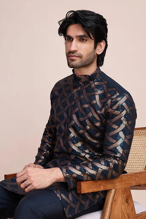 Navy Silk Men's Kurta for Special Occasions Clothsvilla