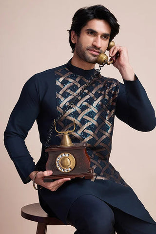 Designer Navy Men's Silk Kurta for Special Events Clothsvilla