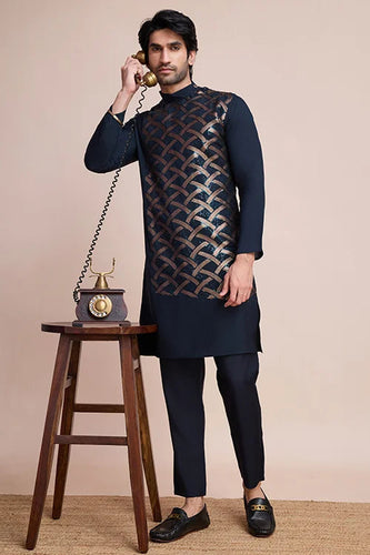 Designer Navy Men's Silk Kurta for Special Events Clothsvilla