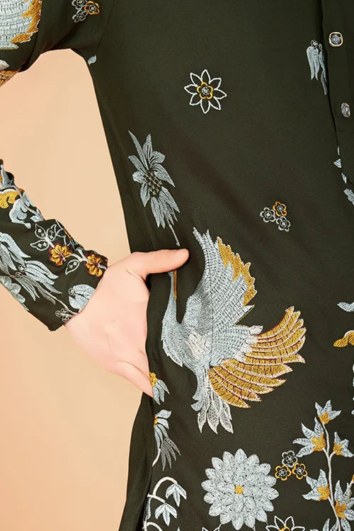 Olive Viscose Rayon Designer Men's Kurta for Festive Clothsvilla