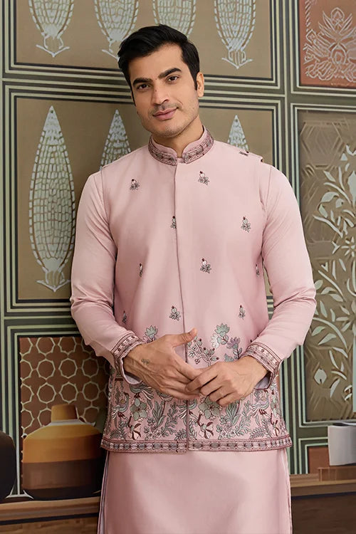 Pink Unique Color Embroidered Koti Kurta Pajama for Mens Clothsvilla