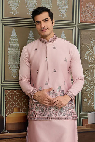 Pink Unique Color Embroidered Koti Kurta Pajama for Mens Clothsvilla