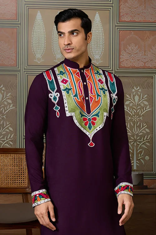 Purple Festival Wear Embroidery Mens Wear Kurta Clothsvilla