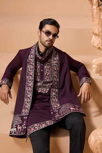 Ethnic Look Purple Kurta with Dupatta Mens Wear Special Clothsvilla
