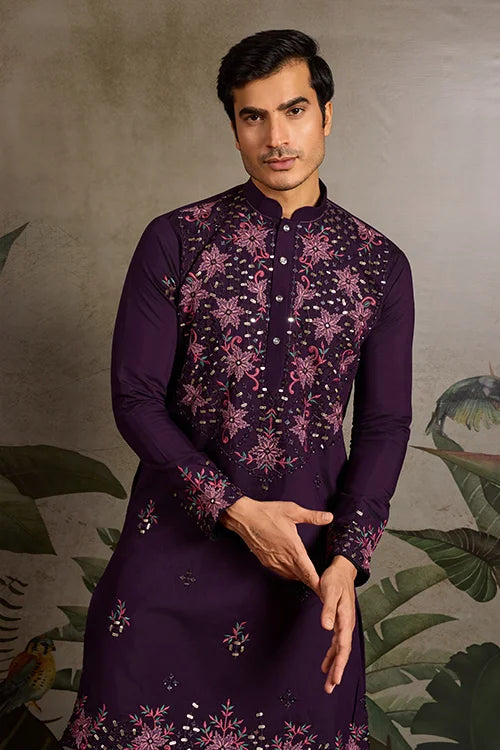 Designer Purple Mirror Work Kurta Set for Mens Wear Clothsvilla