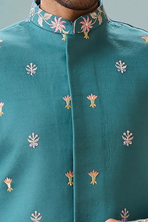 Wedding Party Outfit Rama Green Kurta Koti Pant for Men Clothsvilla