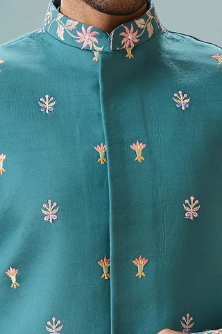 Wedding Party Outfit Rama Green Kurta Koti Pant for Men Clothsvilla