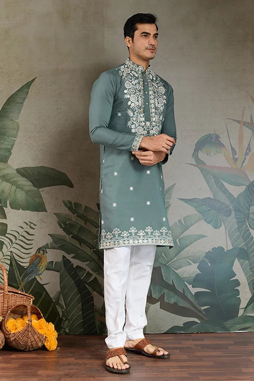 Pastel Pista Viscose Silk Embroidered Kurta for Men Clothsvilla