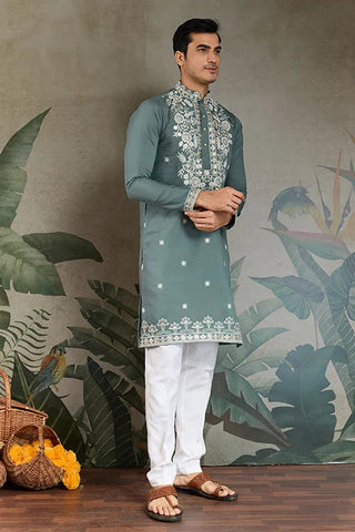 Pastel Pista Viscose Silk Embroidered Kurta for Men Clothsvilla