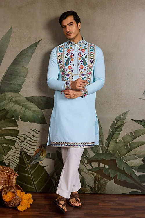 Premium Sky Blue Embroidered Mens Kurta for Celebrations Clothsvilla Main image