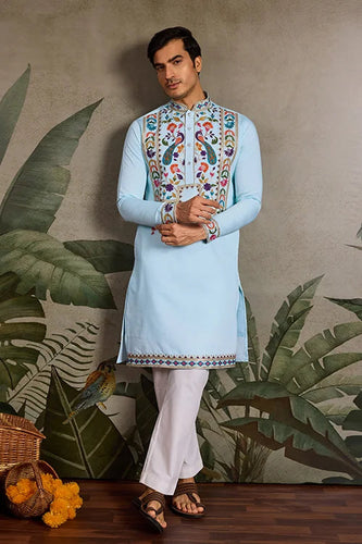 Premium Sky Blue Embroidered Mens Kurta for Celebrations Clothsvilla