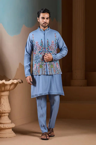 Vibrant Sky Blue Koti Kurta Pajama for Mens Outfits Clothsvilla