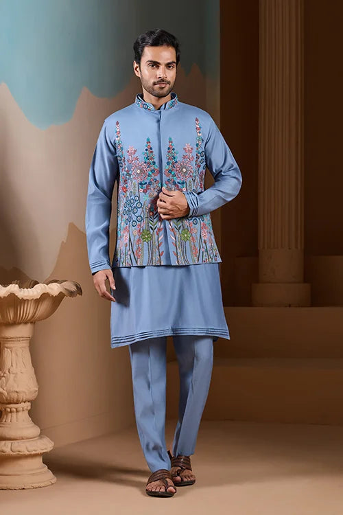 Vibrant Sky Blue Koti Kurta Pajama for Mens Outfits Clothsvilla