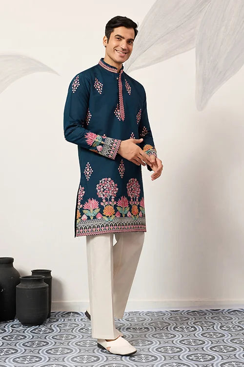 Indian Wedding Style Exclusive Teal Blue Kurta for Mens Clothsvilla