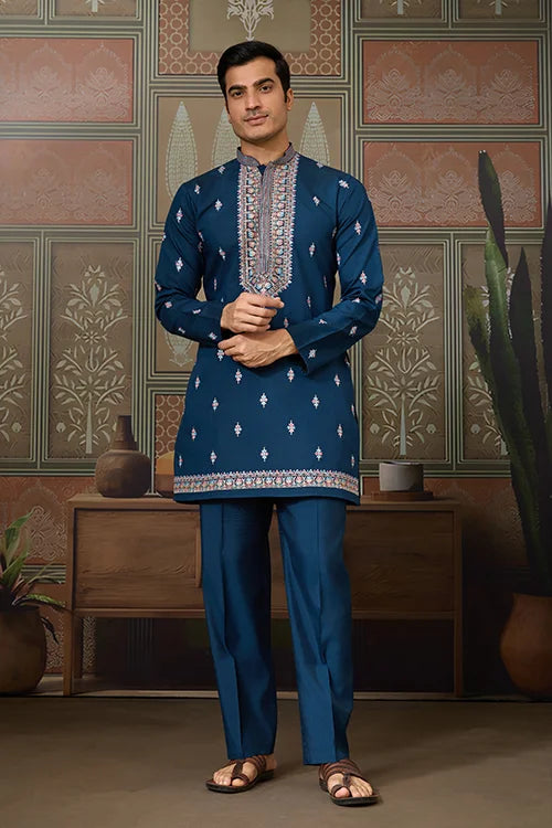 Modern Teal Blue Open Koti Kurta Set for Men Clothsvilla