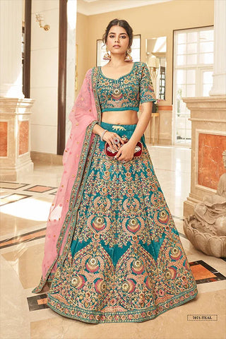 Designer Teal Velvet Lehenga with Soft Net Dupatta Clothsvilla