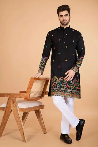 Black Viscose Silk Men's Designer Kurta Clothsvilla