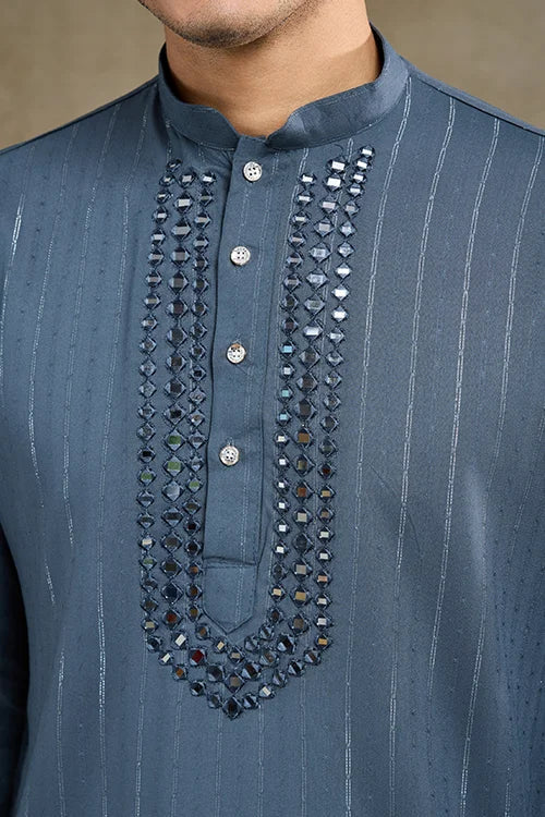 Diwali Special Blue Grey Viscose Silk Kurta with Mirror Work Clothsvilla