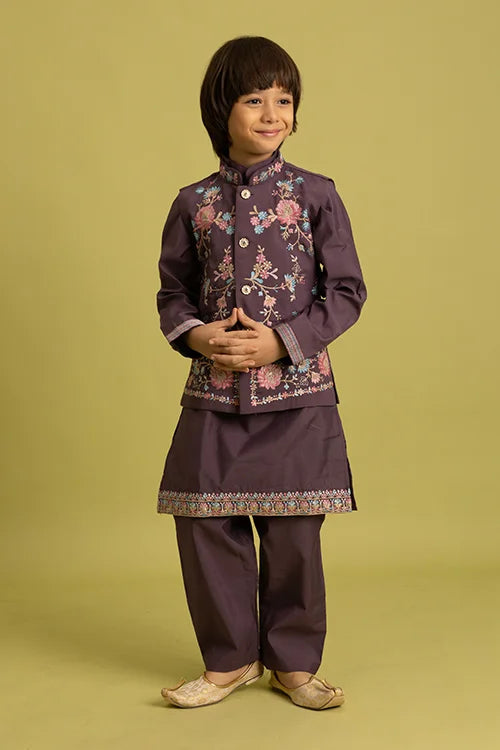 Premium Purple Kids Koti Kurta Pajama Set for Wedding Style Clothsvilla