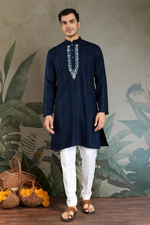 Elegant Navy Blue Mens Wear Kurta Set with Dupatta Clothsvilla