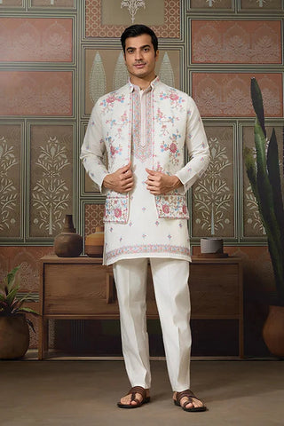 Ethnic White Embroidered Koti Kurta Set for Men Clothsvilla