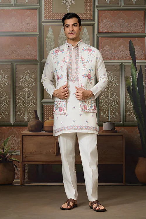 Ethnic White Embroidered Koti Kurta Set for Men Clothsvilla