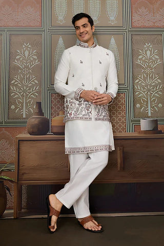 Latest Embroidered Designer White Koti Kurta Set for Mens Clothsvilla